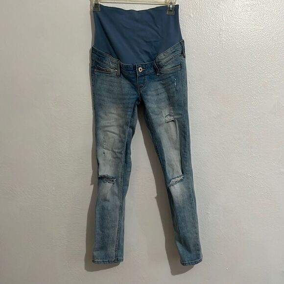 H&M Mama Light Wash Distressed Skinny High Rib Ankle Maternity Jeans Size 4 - Picture 1 of 7